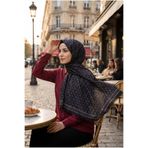Vissona %100 İpek Monogram Desenli Siyah - Gri Renkli 92x210 Şal