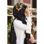 Vissona %100 İpek Monogram Ve Varak Desenli Siyah - Gold Renkli 92x210 Şal