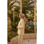 Vissona %100 Twill İpek Bahar Çiçekleri Desenli Gül Kurusu - Bej Renkli 90x90 Eşarp Kenar Dikiş Şekli El Dik