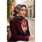 Vissona %100 Twill İpek Bahar Çiçekleri Desenli Siyah - Kırmızı Renkli 90x90 Eşarp Kenar Dikiş Şekli El Diki