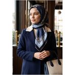 Vissona 100% Twill İpek Bordürlü Dalga Desenli İndigo - Lacivert Renkli 90x90 Dikim Şekli : El Dikişi Eşarp