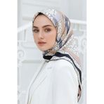 Vissona %100 Twill İpek Geometrik Ve Çatlak Desenli Gri - Bej Renkli 90x90 Eşarp Dikim Şekli : El Dikişi
