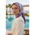 Vissona %100 Twill İpek Geometrik Ve Çiçek Desenli Pembe - Lila Renkli 90x90 Eşarp Dikim Şekli : El Dikişi
