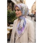 Vissona %100 Twill İpek Kareli Ve Çıtır Çiçek Desenli Lila - Bej Renkli 90x90 Eşarp Dikim Şekli : El Dikişi