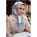 Vissona %100 Twill İpek Şal Desenli Krem - Saks Renkli 90x90 Eşarp Dikim Şekli : El Dikişi