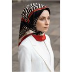 Vissona % 57 İPEK % 43 VİSKON Twill İpek Labirent Ve Geometrik Desenli Kırmızı - Siyah Renkli 90x90 Eşarp Di