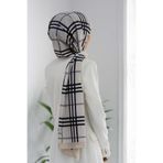 Vissona LÜKS MEDİNE İPEĞİ EKOSE DESENLİ KREM - GRİ RENKLİ 75X195 KIRIŞMAZ ŞAL MOSS KREP DİKİŞ TİPİ İTALYAN D