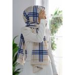 Vissona LÜKS MEDİNE İPEĞİ EKOSE DESENLİ KREM - İNDİGO RENKLİ 75X195 KIRIŞMAZ ŞAL MOSS KREP DİKİŞ TİPİ İTALYA