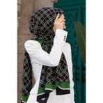 Vissona LÜKS MEDİNE İPEĞİ EKOSE DESENLİ SİYAH - ZÜMRÜT YEŞİLİ RENKLİ 75X195 KIRIŞMAZ ŞAL MOSS KREP DİKİŞ TİP