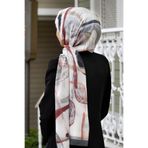 Vissona LÜKS MEDİNE İPEĞİ FIRÇA DESENLİ KREM - GRİ RENKLİ 75X195 KIRIŞMAZ ŞAL MOSS KREP DİKİŞ TİPİ İTALYAN D