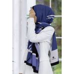 Vissona LÜKS MEDİNE İPEĞİ GEOMETRIK DESENLİ İNDİGO RENKLİ 75X195 KIRIŞMAZ ŞAL MOSS KREP DİKİŞ TİPİ İTALYAN D