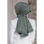 Vissona LÜKS MEDİNE İPEĞİ GEOMETRİK DESENLİ SU YEŞİLİ - KREM RENKLİ 75X195 KIRIŞMAZ ŞAL MOSS KREP DİKİŞ TİPİ
