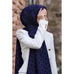 Vissona LÜKS MEDİNE İPEĞİ MONOGRAM DESENLİ LACİVERT - İNDİGO RENKLİ 75X195 KIRIŞMAZ ŞAL MOSS KREP DİKİŞ TİPİ