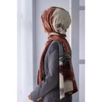Vissona Lüks Medine Ipeği Yaprak Desenli Gül Kurusu - Gri Renkli 75X195 Kırışmaz Şal Moss Krep Dikiş Tipi Italyan Dikişli - 90 x 90 cm