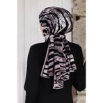 Vissona LÜKS MEDİNE İPEĞİ ZEBRA DESENLİ PUDRA - SİYAH RENKLİ 75X195 KIRIŞMAZ ŞAL MOSS KREP DİKİŞ TİPİ İTALYA