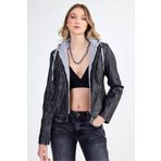 Vitrin Kapüşonlu Suni Deri Crop Biker Ceket
