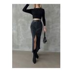 VivaJoy LİKRASIZ-Siyah Taş Yıkamalı Likrasız Yırtmaçlı Yüksek Bel Maxi Denim Etek (Beden Tablosuna Bakınız.)