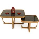 Vivense Hisar Ikili Set Orta Sehpa, Meşe Siyah Mermer Tablalı - 90 cm x 90 cm x 45 cm