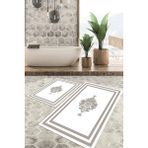 Viyana Home Dijital Baskılı Kaymaz Tabanlı Yıkanabilir 2'li Set Banya Halısı Klozet Takımı Paspas VHKZ-HT-818 - Bej - Mavi