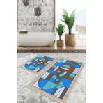 Viyana Home Dijital Baskılı Kaymaz Tabanlı Yıkanabilir 2'li Set Banya Halısı Klozet Takımı Paspas VHKZ-SD-1006 - Mavi