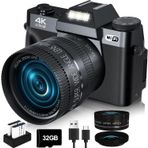 VJIANGER Fotoğraf için 4K Dijital Kamera, YouTube için 48MP Vlog Kamerası, 3 inç Flip Ekranlı, 16X Dijital Zoom, 32 GB SD Kart Dahil, 2 Pil (Siyah)