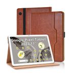 Vkooer Google Pixel Tablet 2023 11 inç için kılıf, belge bölmeli, birinci sınıf PU deri yelken bezi, folyo, stant koruyucu kılıf, Google Pixel Tablet 2023 11 inç, kahverengi