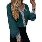 Vneck T Shirt kadınlar için yaz sonbahar uzun kollu leopar baskı ince alevlendi geniş bacak üstleri gömlek kadınlar 2025, C-778 Kireç Yeşili, XXL