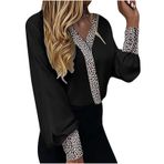 Vneck T Shirt kadınlar için yaz sonbahar uzun kollu leopar baskı ince alevlendi geniş bacak üstleri gömlek kadınlar 2025, C-778 Siyah, S