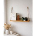 Vobu Home & Life Design Halat İpli Masif Ahşap Duvar Rafı, İskandinav ve Bohem Kitaplık, Dekoratif Mutfak Rafı - 45 x 13 cm