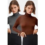 Vodens Kadın Kahve Antrasit 2'Li Balıkçı Yaka Ultra Soft Bluz