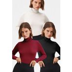 Vodens Kadın Siyah Beyaz Bordo 3'Lü Balıkçı Yaka Ultra Soft Bluz