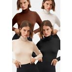 Vodens Kadın Siyah Beyaz Kahve Bej 4'Lü Balıkçı Yaka Ultra Soft Bluz
