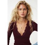 VODENS Koyu Bordo Dantel Şeritli V Yaka %95 Pamuk Üst Bluz