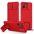 Vokuha Redmi 9A/Redmi 9i/Redmi 9AT M2006C3LG Kılıf Slayt Kamera Lensli Destek Stantlı Askeri Sınıf Tamponlar Zırh Darbeye Dayanıklı Koruyucu Kapak Xiaomi Redmi 9A için Kırmızı