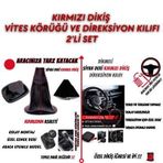 Volkswagen Golf Uyumlu Siyah Deri Kırmızı Dikiş Direksiyon Kılıfı ve Vites Körüğü 2'li Set