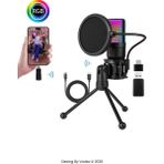 vooka Rgb Işıklı Kablosuz Condenser Mikrofon – Tripod Standlı, USB & Type-C Dongle, 2.4g Wireless, Online - Siyah