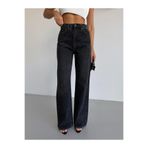 Vooz Kadın Taşlı Wide Leg Jean Yüksek Bel Geniş Paça Denim Pantolon Siyah Füme Antrasit
