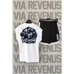 Vordevia Fitness Sırt Baskılı Sıfır Kollu Bisiklet Yaka Beyaz Spor Tshirt Ve Siyah Spor Şort Takımı