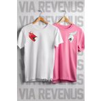 Vordevia Motorcu Sevgili Şeytan Melek Kask Baskılı Pembe Beyaz Sevgili Kombini T-shirt