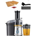 Vosco Katı Meyve Sıkacağı 1200W Profesyonel Meyve Presi 1.2l Sürahi Kapasitesi Geniş Besleme Ağzı Çelik Gövde Kesme Tahtası Hediyeli - Inox