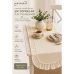 vosvera %100 Pamuk Keten Runner 40x120 cm Vintage Fırfırlı Masa Örtüsü Naturel Ranır