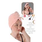 vosvera Saç Kurulama Bonesi Banyo Saç Kurulama Havlusu Ve Makyaj Uygulama Seti Pembe