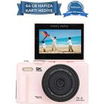 Vothoon 5k 75MP 18X Zoom Flaşlı 3” Flip Ekranlı Türkçe 64GB Kart Dijital Vlog Fotoğraf Makinesi - Pembe