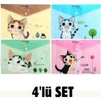 Vox Art 4'lü Sevimli Kedi Desenli Çıtçıtlı Dosya (A4) Renkli Transparan Plastik - Karışık-Çok Renkli