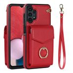 VQWQ Fermuarlı Cüzdan Kılıf Samsung Galaxy A13 4G 5G - Metal Halka Cep Telefonu Kılıfı RFID Engelleyici Kartlıklı El Kayışı Fermuar Deri Kılıf Samsung Galaxy A13 4G 5G [ZHFQ] için -Kırmızı