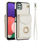 VQWQ Fermuarlı Cüzdan Kılıf Samsung Galaxy A22 5G - Metal Halka Cep Telefonu Kılıfı RFID Engelleyici Kartlıklı El Kayışı Fermuar Deri Kılıf Samsung Galaxy A22 5G [ZHFQ] için -Beyaz