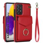 VQWQ Fermuarlı Cüzdan Kılıf Samsung Galaxy A52 5G - Metal Halka Cep Telefonu Kılıfı RFID Engelleyici Kartlıklı El Kayışı Fermuar Deri Kılıf Samsung Galaxy A52 5G [ZHFQ] için -Kırmızı