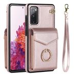 VQWQ Fermuarlı Cüzdan Kılıf Samsung Galaxy S20 FE - Metal Halka Cep Telefonu Kılıfı RFID Engelleyici Kart Tutucu El Kayışı Fermuar Deri Kılıf Samsung Galaxy S20 FE [ZHFQ] için -Pembe Altın