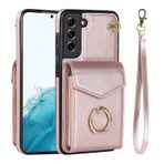 VQWQ Fermuarlı Cüzdan Kılıf Samsung Galaxy S21 FE - Metal Halka Cep Telefonu Kılıfı RFID Engelleyici Kart Tutucu El Kayışı Fermuar Deri Kılıf Samsung Galaxy S21 FE [ZHFQ] için -Pembe Altın