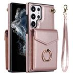 VQWQ Fermuarlı Cüzdan Kılıf Samsung Galaxy S23 Plus - Metal Halka Cep Telefonu Kılıfı RFID Engelleyici Kartlıklı El Kayışı Fermuar Deri Kılıf Samsung Galaxy S23 Plus [ZHFQ] için -Pembe Altın